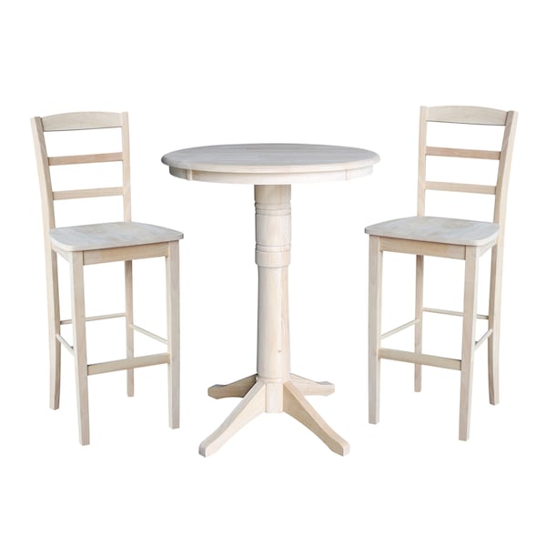 International Concepts Round 30 in Rd Pedestal Gathering Ht Table, 2 Madrid Bar Ht Stools, Unfinished, 30 in W, 30 in L K-30RT-27B-S403-2 - main